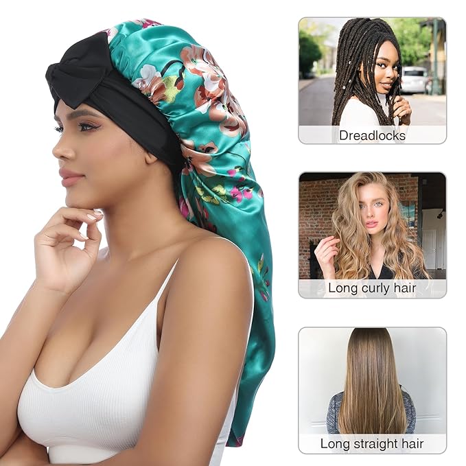 AWAYTR Long Satin Bonnet for Women - Double Layer Elastic Silk Bonnet for Braids Hair Sleeping Cap with Tie Band (Flower A)
