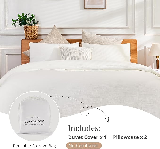 White Duvet Cover King, 100% Sandwashed Cotton Soft King Size Duvet Cover Set 3 Pieces with Zipper Clousre & Corner Buttons (White, King 104 x 90)