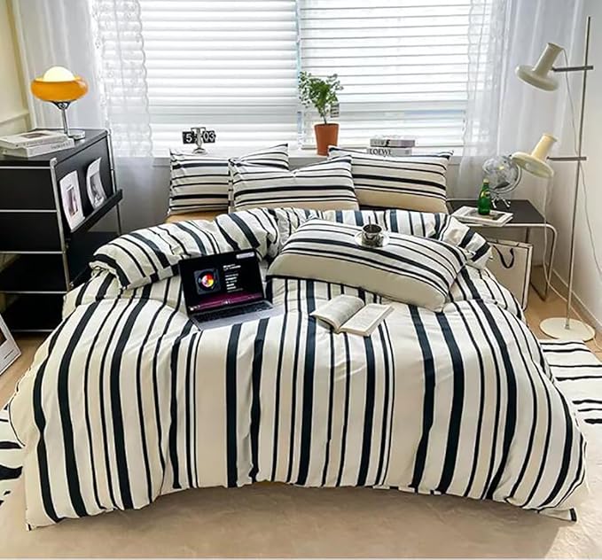 KAREVER Striped Comforter Set Twin Black and White Comforter Men Women Modern Chic Stripes Bed Comforters Beige Black Striped Twin Ticking Bedding Comforter Set All Season Hotel Quality Bed Set