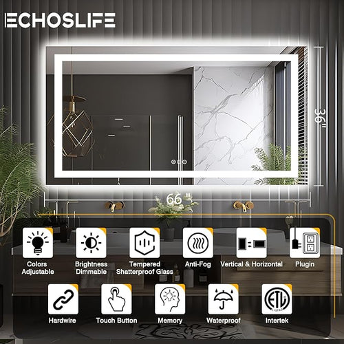 66"x36" LED Lit Bathroom Mirror, Front and Backlit LED Mirror, Anti-Fog Bathroom Mirror with Lights, 3 Colors Stepless Dimmable Mirror, Touch Sense (Horizontal/Vertical)