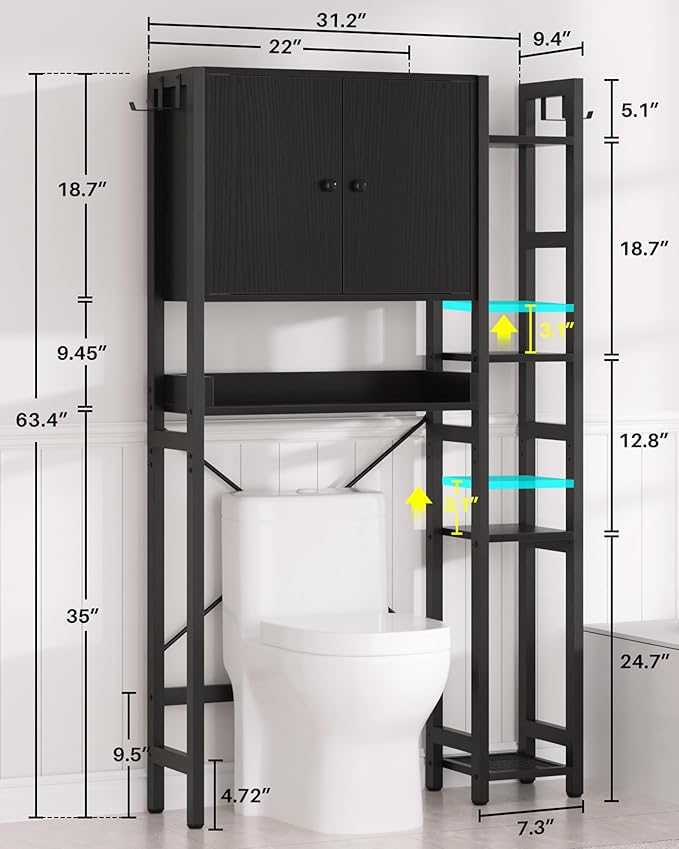 Over The Toilet Storage Cabinet with Doors - 7 Tier Bathroom Organizer with Adjustable Shelf, Freestanding Space Saver Rack Above Toilet Stand with 4 Hooks for Bathroom, Restroom, Laundry, Black