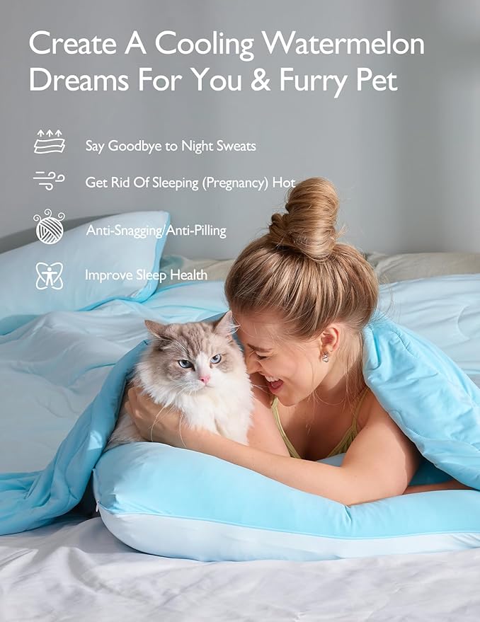 Momcozy Life CoolMurm Cooling Comforter for Hot Sleepers, Twin/Twin XL 68" x90” Soft Breathable Pregnancy Cooling Blanket, 3-Second Cooling, 8 Hours+ Stay Cool All Night, Deep Light Blue