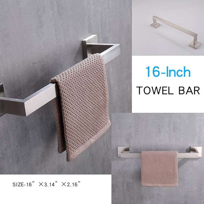 TASTOS 3-Piece Bathroom Hardware Set Brushed Nickel Wall Mounted Bathroom Accessory Set, Premium Stainless Steel Robe Hook Toilet Paper Holder 16-Inch Towel Bar (Silver)