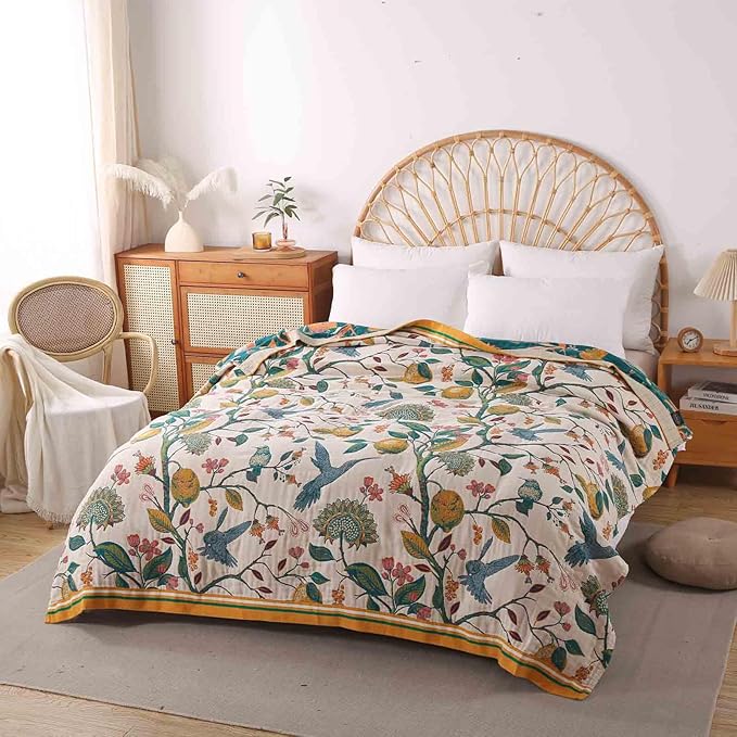 Qidordour Boho Throw Blanket, 80"x90" Muslin Blankets, 100% Organic Cotton Blanket for Couch Sofa, Lightweight Quilt, All Season Bed Throw, Farmhouse Home Decor, B-Hummingbird Fruit