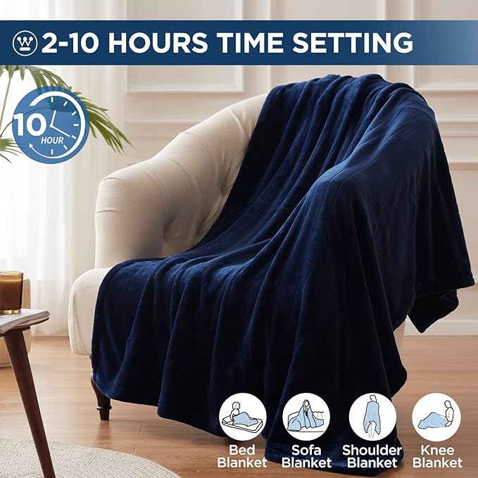 Westinghouse Electric Blanket Heated Throw, Super Cozy Soft Flannel 50"" x 60"" Heated Throw with 6 Fast Heating Levels & 2-10 Auto-Off, Machine Washable, ETL&FCC Certification, Navy Blue