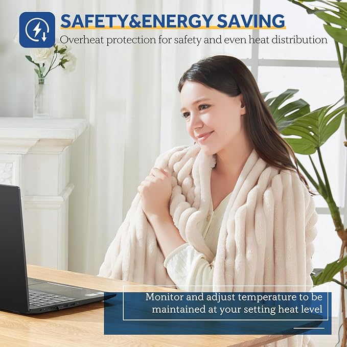 SEALY Electric Blanket Heated Throw, Soft Cozy Ribbed Flannel to Sherpa Reversible Safe Heating with 6 Heat Settings & 2-10 Hours Auto-Off Over-Heat Protection, Machine Washable, 50"x60" Beige