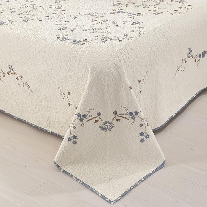 vctops 3-Piece Elegant Floral Embroidered Bedspread Coverlet Set Oversize Queen 100% Cotton Reversible Patchwork 1 Quilt and 2 Pillow Shams (Flower B,Oversize Queen)