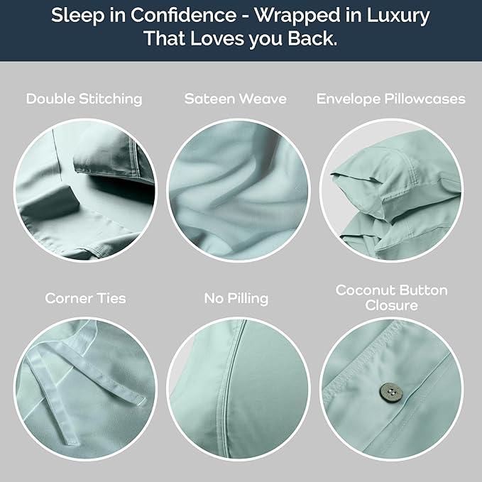 Olive + Crate Tencel Eucalyptus Cooling Duvet Cover Set - Hypoallergenic, Lyocell Tencel Duvet Cover - Soft, Temperature Regulating with Hidden Button Closure & Corner Ties - Queen Size [Eucalyptus]