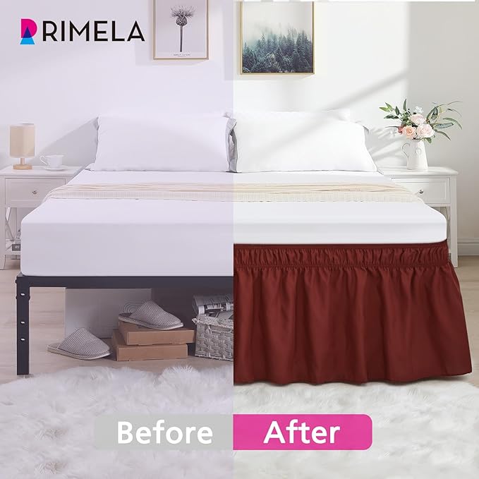 RIMELA Wine Red Bed Skirt Queen Size 15 Inch Drop, Elastic Bed Skirting for Bed Base and Frame, Bedding Dust Ruffle Easy to Install, Lightweight Wrap Around Adjustable Bedskirt