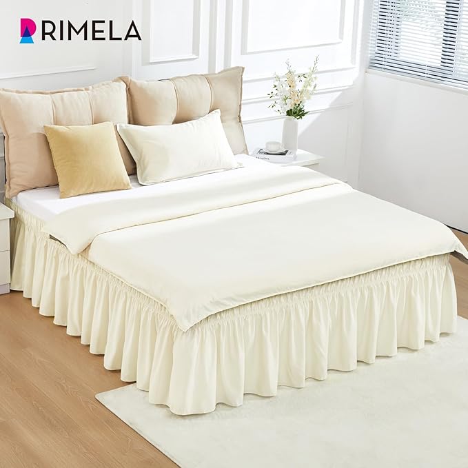 RIMELA Off White Bed Skirt King Size 15 Inch Drop, Elastic Bed Skirting for Bed Base and Frame, Bedding Dust Ruffle Easy to Install, Lightweight Wrap Around Adjustable Bedskirt