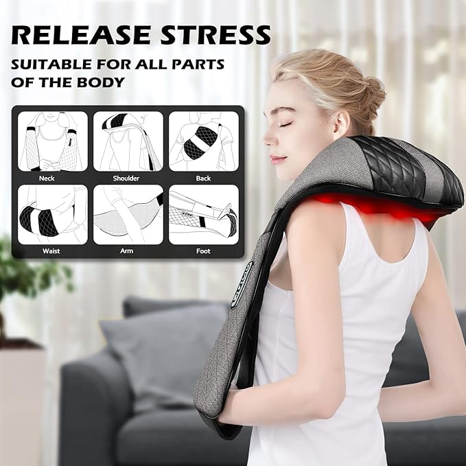 Blue Elf Shiatsu Electric Neck Back Massager Pillow 3D Kneading with Heat for Shoulder, Lower Back, Foot, Leg Muscles Pain Relief Relax in Car Office and Home (Gray)