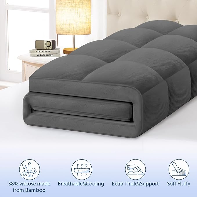 ELEMUSE King Grey Cooling Bamboo Viscose Mattress Topper for Back Pain, Extra Thick Mattress Pad Cover, Plush Soft Pillowtop with Elastic Deep Pocket, Overfilled Down Alternative Filling