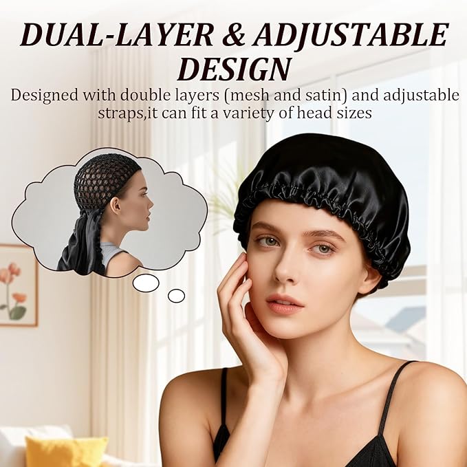 2 In1 Wrap Cap Bonnet Reversible Adjustable Tie Band, Silk Bonnet Hair Wrap Cap for Silk Press, New Satinbonnet for Sleeping, Double Layered Nettie Band for Curly (Black)
