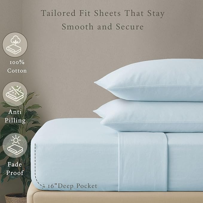 Threadmill Cotton Sheets for King Size Bed, 100% Cotton, 500 Thread Count, Deep Pocket Sheet Set for King Size Bed, Snug Fit, Soft & Crisp Cooling Hotel Quality Bed Sheets 4 Piece Set, Light Blue