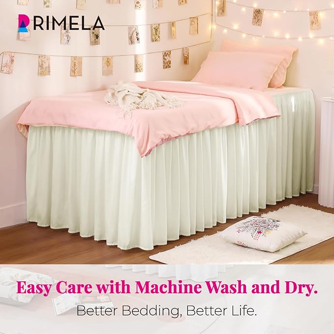 RIMELA Dorm Bed Skirt Twin XL 32 Inch Drop, Easy to Install Extra Long Wrap Around Elastic Dust Ruffle, Ivory Bedskirt Solid Silky Fabric Machine Washable (Twin XL 80“L x 39”W & Twin 75“L x 39”W)