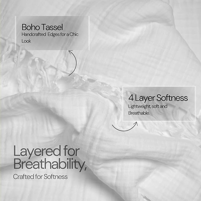 Salt Earth 100% Cotton Muslin Throw Blanket, Gauze Blanket 50"X60" Throw with Tassel 4 Layered for Couch, Bed, Living Room, Lightweight & All Season Blankets & Throws, Nature & Skin Friendly(White)
