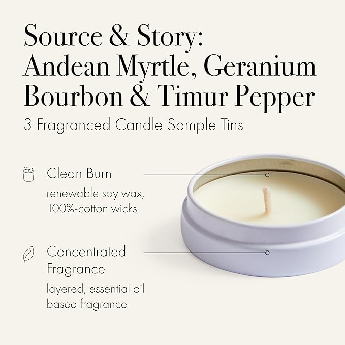 Discovery Trio Source & Story: Andean Myrtle, Geranium Bourbon & Timur Pepper - 3 Fragranced Candle Sample Tins - 4-Hour Burn Time Each - Made in The USA