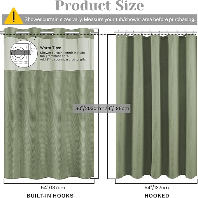 No Hook Shower Curtain with Snap in Liner Set Waffle Shower Curtain for Bathroom Hotel Style Fabric Waterproof Inner Liner，54" W x 80" H, Green