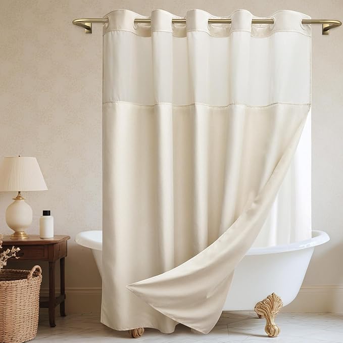 Long No Hook Shower Curtain with Snap in Liner, Polyester Textured Shower Curtain with Liner Set, Waterproof Washable Hotel Style Shower Curtains for Bathroom, 71Wx80H, Cream