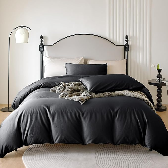 PURE ERA Duvet Cover Set 800 Thread Count Long Staple Cotton Sateen Soft Luxurious Smooth 3 Piece Set Black Full