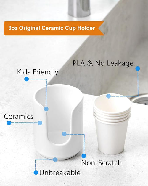 3 oz Original Ceramic Bathroom Cup Dispenser with 5 PLA Paper Cups, Bathroom Essential Accessories for Mouthwash Holder on Vanity Countertops (1 Pack, White)