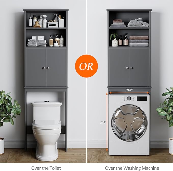 Meilocar Over The Toilet Storage Cabinet for Bathroom, 75in Over Toilet Cabinet Freestanding Storage Organizer, Space Saver with Doors and Adjustable Shelf, Grey