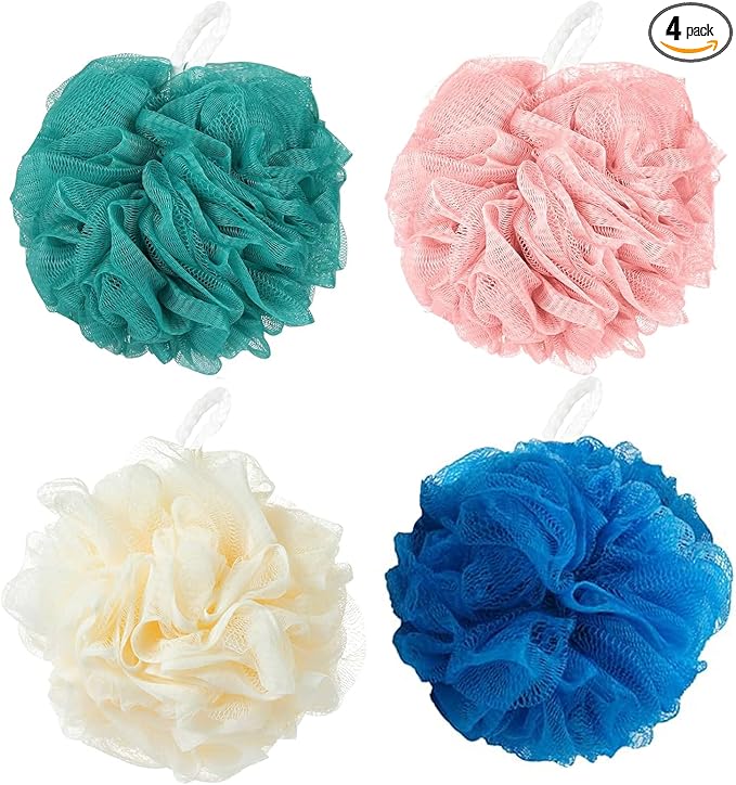 Loofah Sponge Shower Loofahs Bath Sponges Mesh Balls for Women Men Bathing Accessories Body Wash Back Scrubber 50g Soft Pouf Body Scrubber Loofahs Puff Pack, Exfoliate, Cleanse, Soothe Skin (4 Colors)