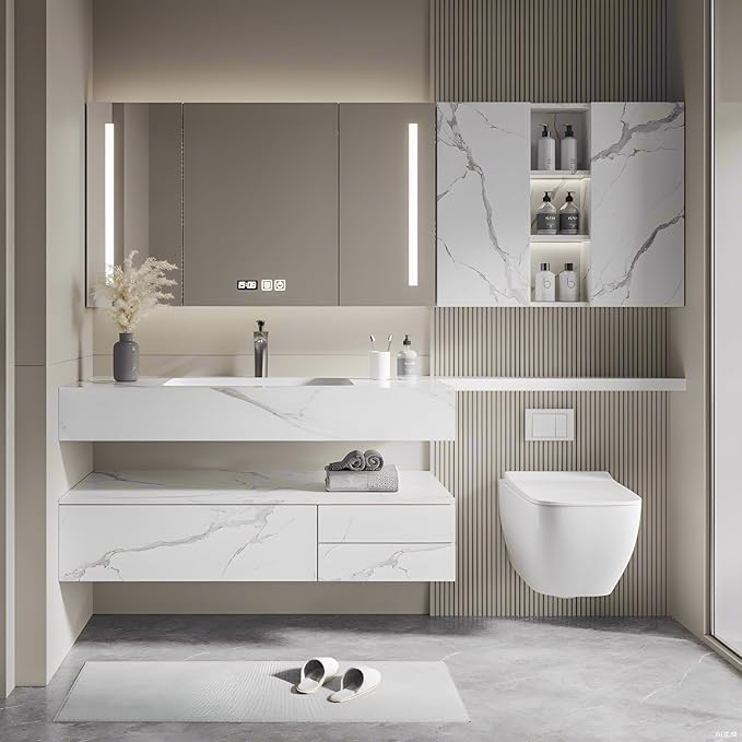 Floating Bathroom Vanity with Sink, Solid Wood Bathroom Vanity Set, Smart Defogging Mirror & Induction Side Cabinet & Large Storage - Elegant Bathroom Vanities (White,36IN)