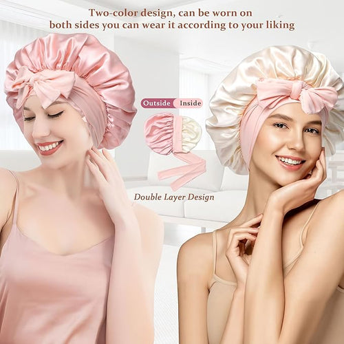 100% Mulberry Silk Bonnet for Sleeping Women Double Layer Silk Hair Bonnet Natural Silk Sleep Cap with Elastic Reversible Hair Wrap (Pink+Beige)