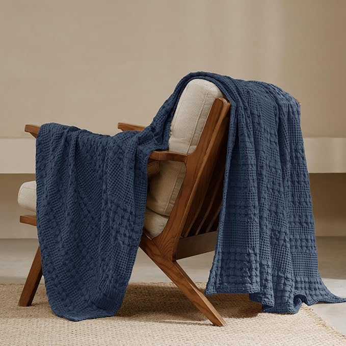 PHF 100% Cotton Waffle Weave Throw Blanket, Soft Lightweight Breathable Cozy Throws for Couch Bed Sofa, Luxury Aesthetic Woven Blanket for Home Decor & Office, 50"x60", Indigo