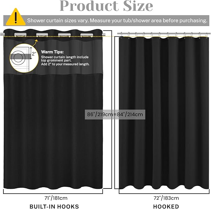 No Hook Shower Curtain with Snap in Liner Set Waffle Shower Curtain for Bathroom Hotel Style Fabric Waterproof Inner Liner，71" W x 86" H, Black