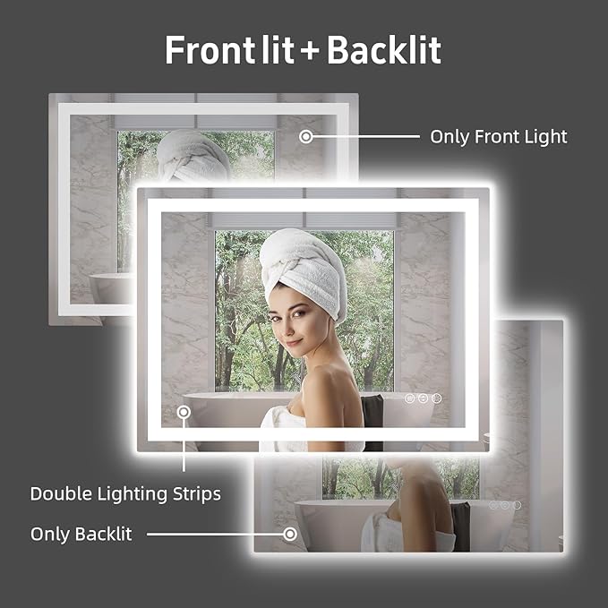 20"x 28" LED Bathroom Mirror with Front and Backlight, Stepless Dimmable Bathroom Mirrors with Anti-Fog, Lighted Bathroom Vanity Mirror for Wall, Shatter-Proof Led Mirror for Bathroom