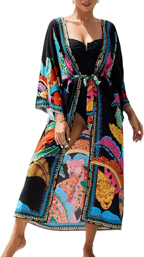 Women Casual Open Front Lightweight Cardigan Long Beach Kimono Cover Up