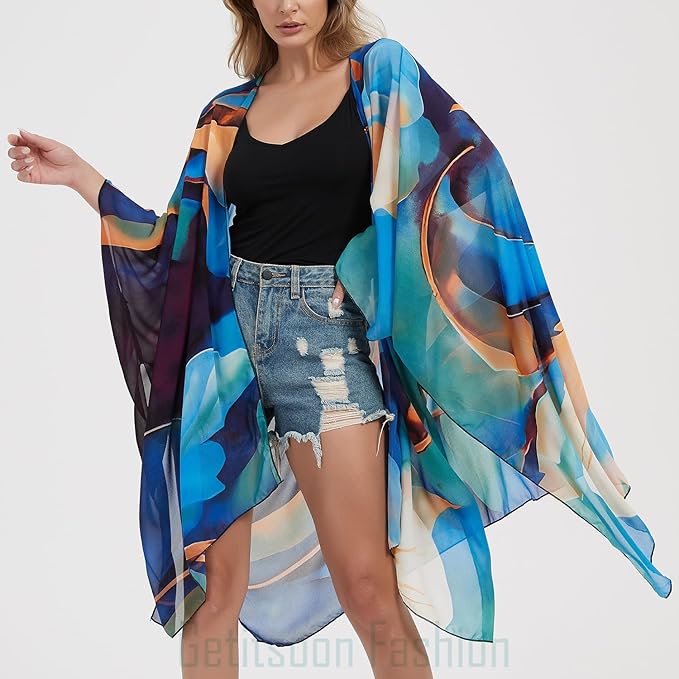 Women's Bohemian Floral Chiffon Beach Cover up Swimsuit Kimono Summer Swimwear Cardigans