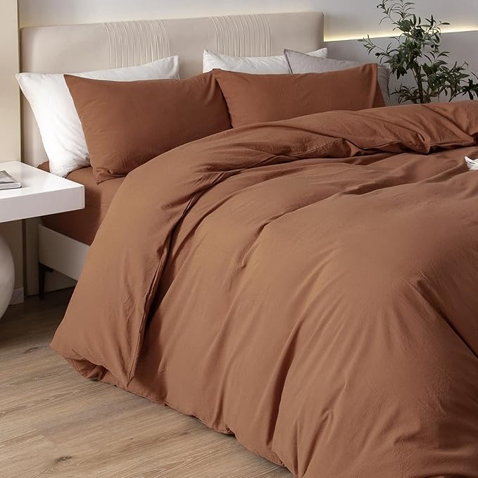 JIYUAN 100% Washed Cotton Duvet Cover Set 3 Pieces King, 1 Duvet Cover 104x90 Inches(Comforter Not Included) and 2 Pillowcases,Linen Feel Bedding Set Comfy and Breathable,Burnt Orange
