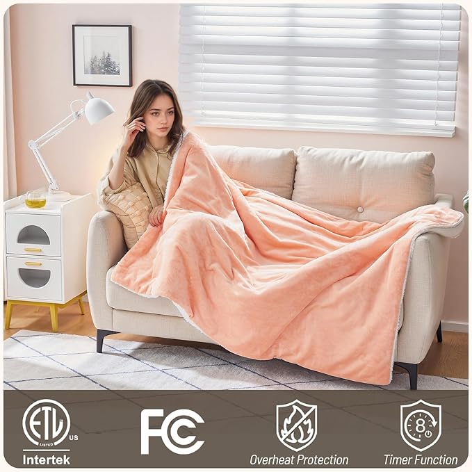 Electric Heated Blanket Throw 50"x60" - Soft Cozy Flannel & Sherpa Fabric Dual-Sided, 9 Heat Settings & 10H Auto Off, Warming Heated Throw for Home Office, Machine Washable, Light Coral Pink