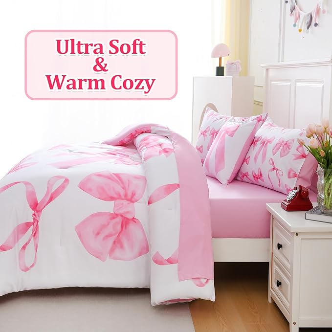 Twin Size Comforter Sets Pink Bed in a Bag for Girls, Bow Comforter Set,6 Pieces Bow Bedding Sets with Sheets for Kids