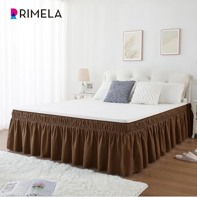 RIMELA Bed Skirt Full Size 15 Inch Drop, Elastic Bed Skirting for Bed Base and Frame, Bedding Dust Ruffle Easy to Install, Lightweight Wrap Around Adjustable Bedskirt, Brown