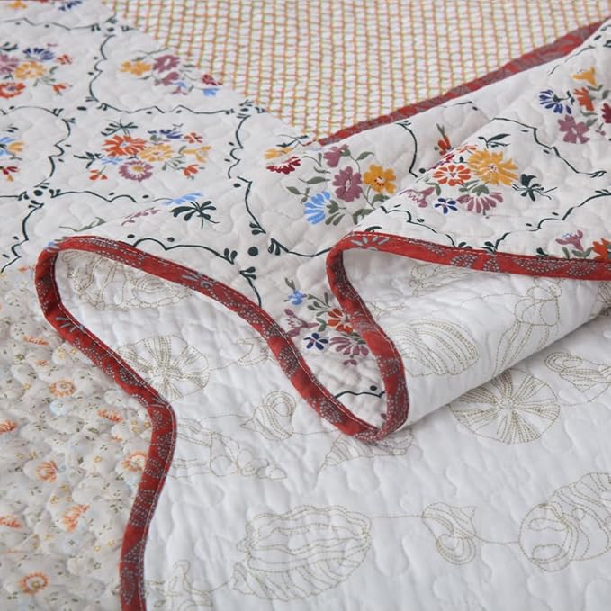 Cotton Bedspread Quilt Bedding Sets 3 Pieces Reversible Coverlet Sets Comforters Vintage Red White Rose Floral Patchwork Bedspread, King Size