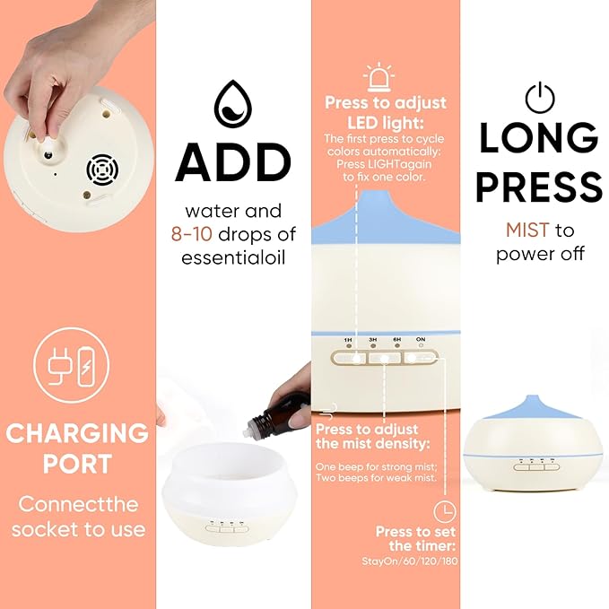 HAPPTWS 500ML Essential Oil Diffuser - BPA Free Ultrasonic Aromatherapy Diffuser, with 7-Color Lights - Waterless Auto Shut Off - Milky white