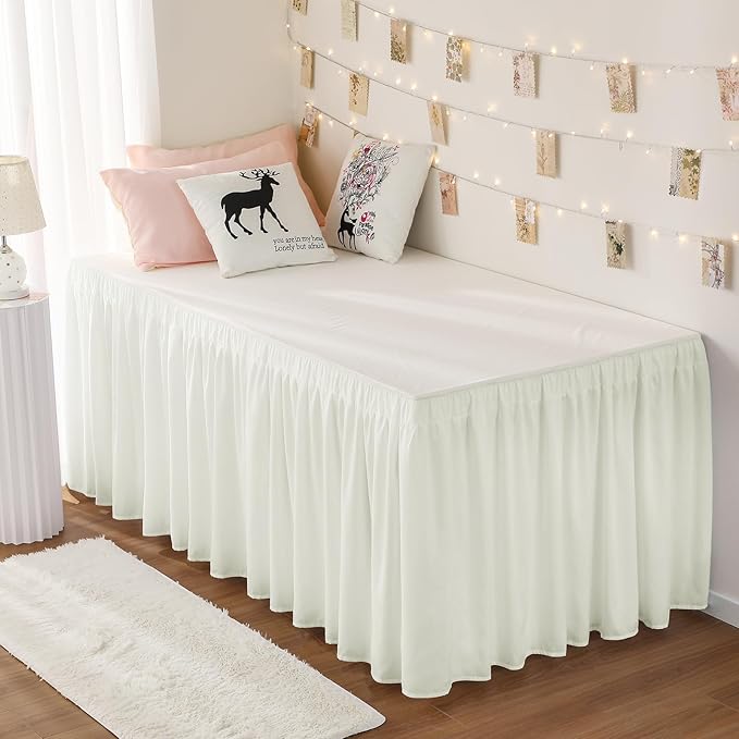 RIMELA Dorm Bed Skirt Twin XL 42 Inch Drop, Easy to Install Extra Long Wrap Around Elastic Dust Ruffle, Ivory White Bedskirt Silky Fabric Machine Washable (Twin XL 80“L x 39”W & Twin 75“L x 39”W)