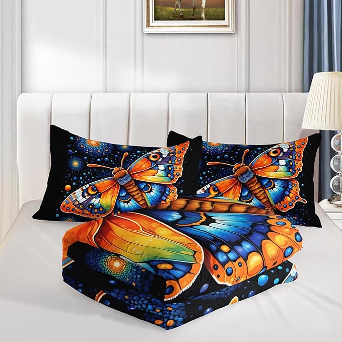 Gothic Butterfly Bedding Set Full Size,Colorful Granular Ball Printed Bedding Comforter Sets,Insect Themed Comforter Set for Kids Girls Boys,Aesthetic Bedding Sets with 2 Pillowcases.