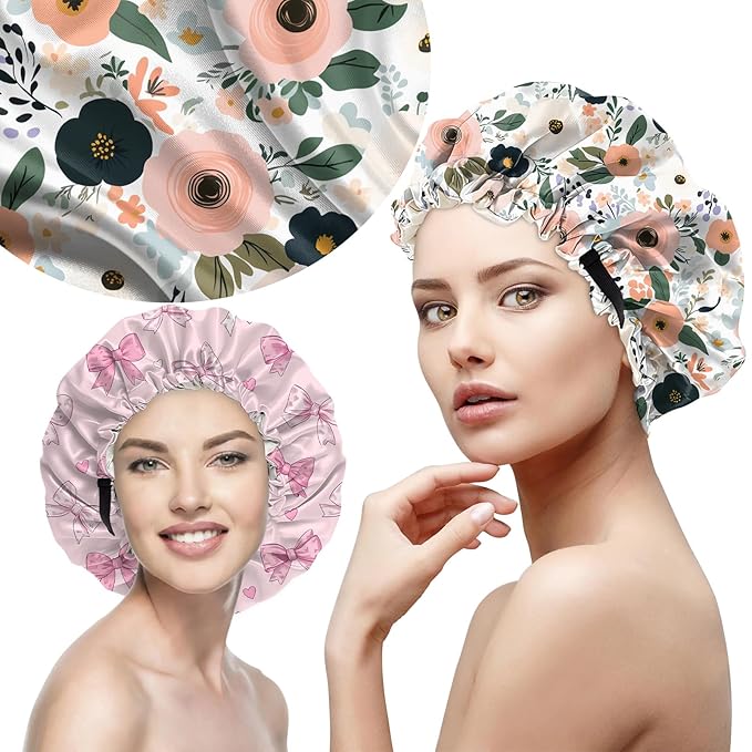 2 PCS Bonnets for Women Girls Satin Hair Bonnet Silk Adjustable Elastic Double Layer Hair Wrap Sleep Cap Comfort Cute-Bowknot Flower