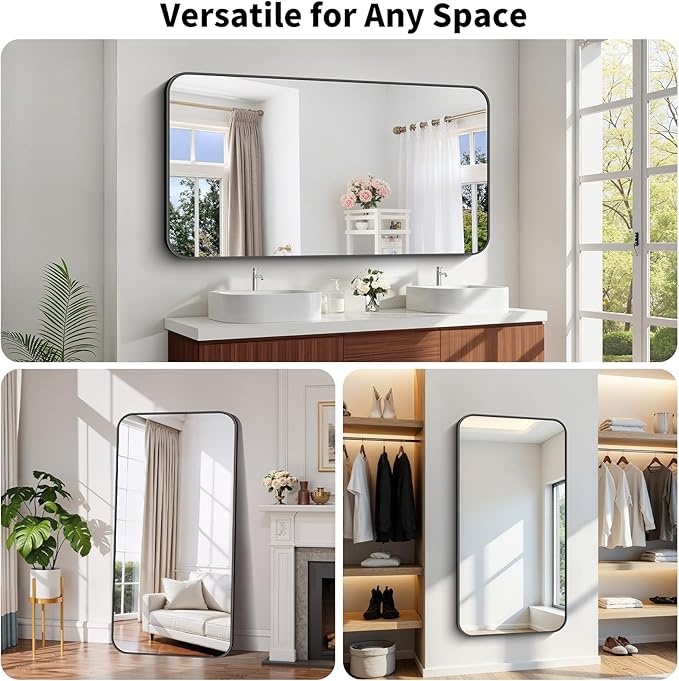 Koonmi Black Framed Bathroom Mirror - 30x60 Inch Shatterproof Tempered Glass Vanity Mirror for Bathroom Sink, Wall Mounted with Matte Aluminum Alloy Frame, No Distortion, Modern Decor