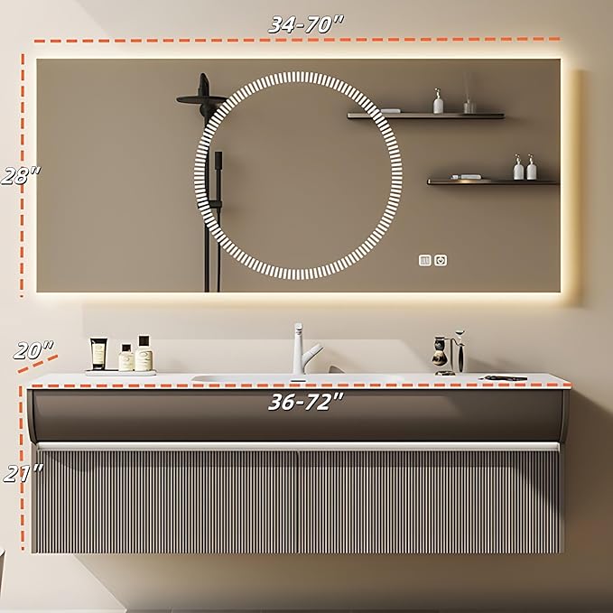 Solid Wood Bathroom Vanity Set - Wall Mounted Bathroom Cabinet with Light, Mirror with Light & Defog, Exquisite Accessories (Mirror Style, 72'')