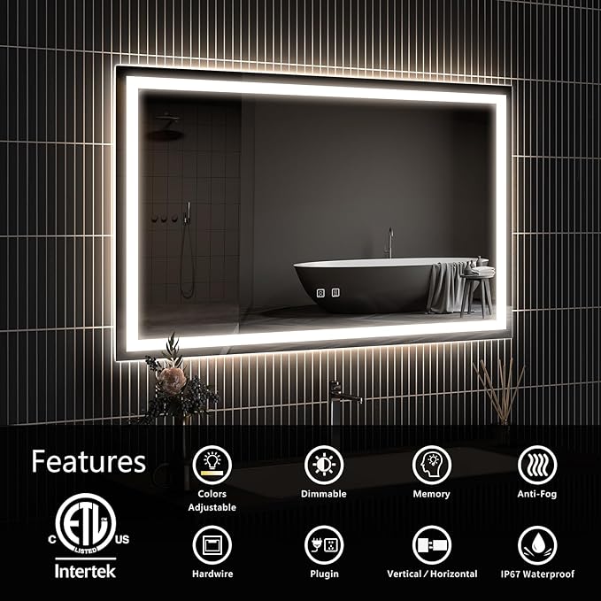 APRILSOUL 36x28 Inch LED Bathroom Mirror with Front and Backlit, Makeup Mirror with 3 Color Lights, Anti-Fog and Dimmable Light (Horizontal/Vertical)