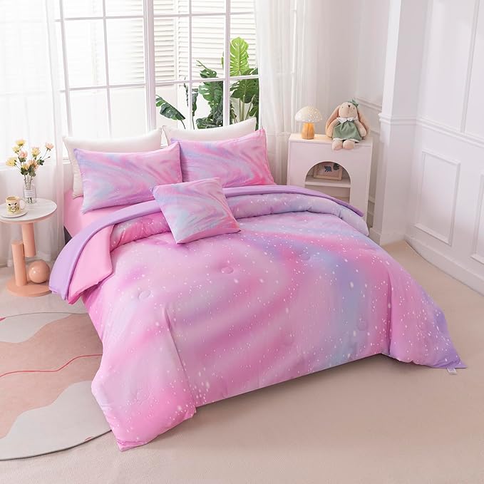 6Pcs Pink Comforter Set Full for Kids Girls, Pink Art Tie Dye Bedding Sets with Sheets, Bed in A Bag Full(1 Comforter, 1 Flat Sheet, 1 Fitted Sheet, 1 Cushion Cover, 2 Pillowcases)