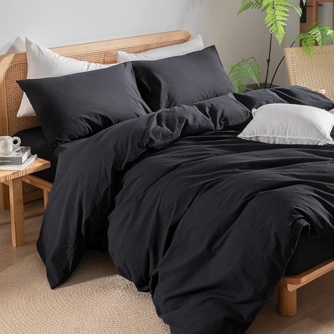BESTOUCH Duvet Cover Set 100% Washed Cotton Linen Feel Super Soft Comfortable Chic Lightweight 3 PCs Home Bedding Set Solid Deep Black King