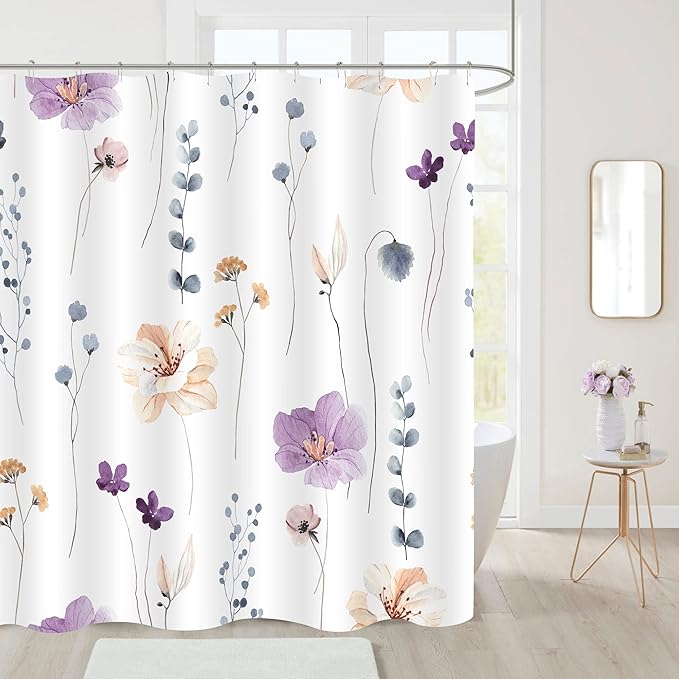 Gibelle Extra Long Shower Curtain 72 x 84, Watercolor Floral Fabric Shower Curtain, Purple Beige Flower Decorative Bathroom Shower Curtain Set with Hooks