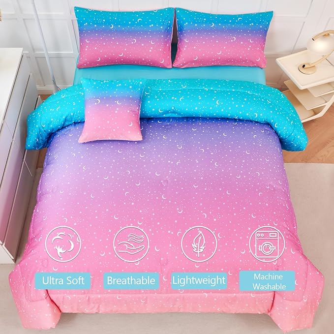 URBONUR Kids Queen Comforter Set Pink Rainbow Galaxy Moon Star Printed Bedding Set 6 Pieces Soft All Season Girls Bed in a Bag Queen Size